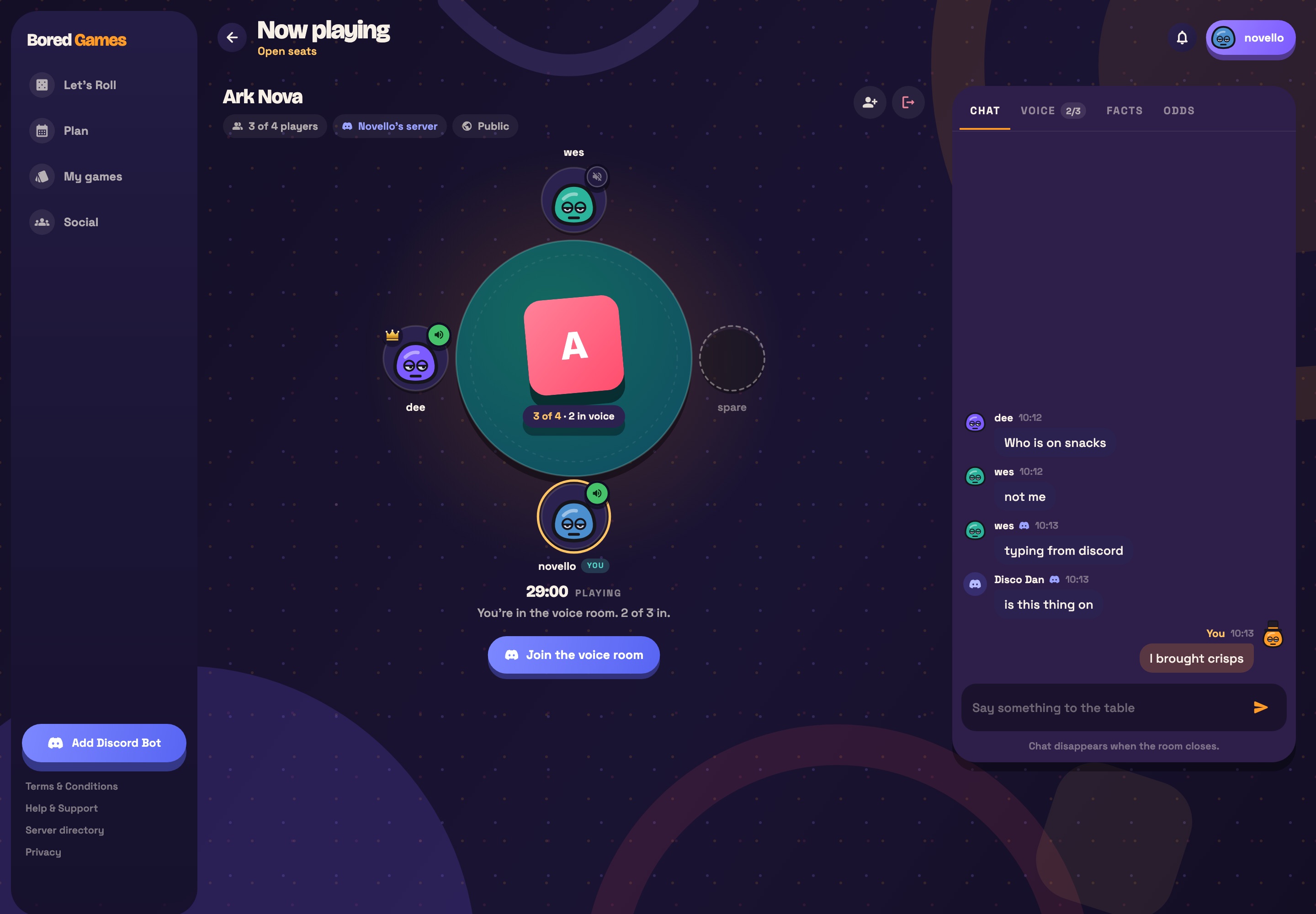 Now playing in Bored Games: the round table with every player's Jel and the room chat