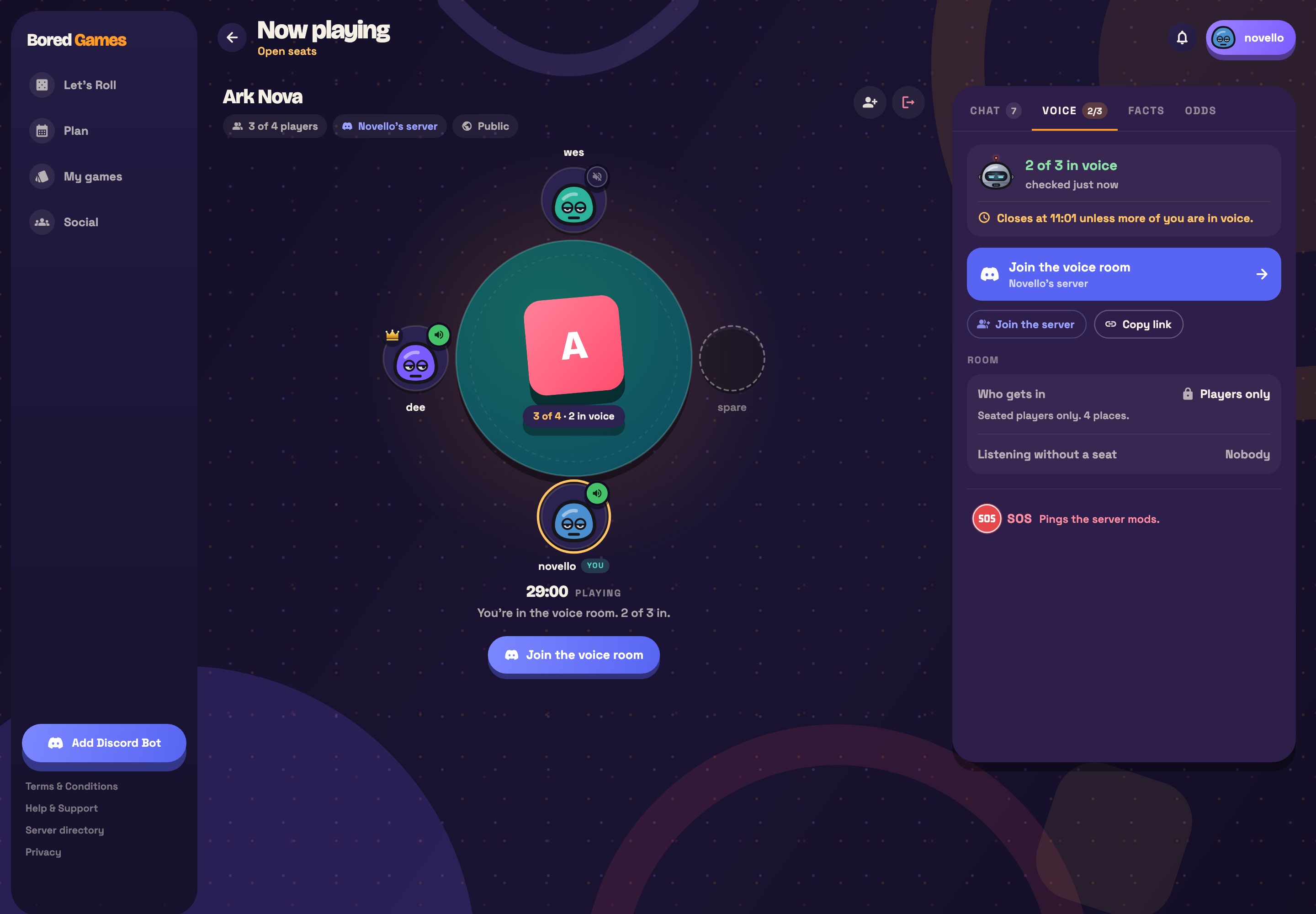 The Voice tab: who is in voice, one button to join the voice room, who gets in, and SOS